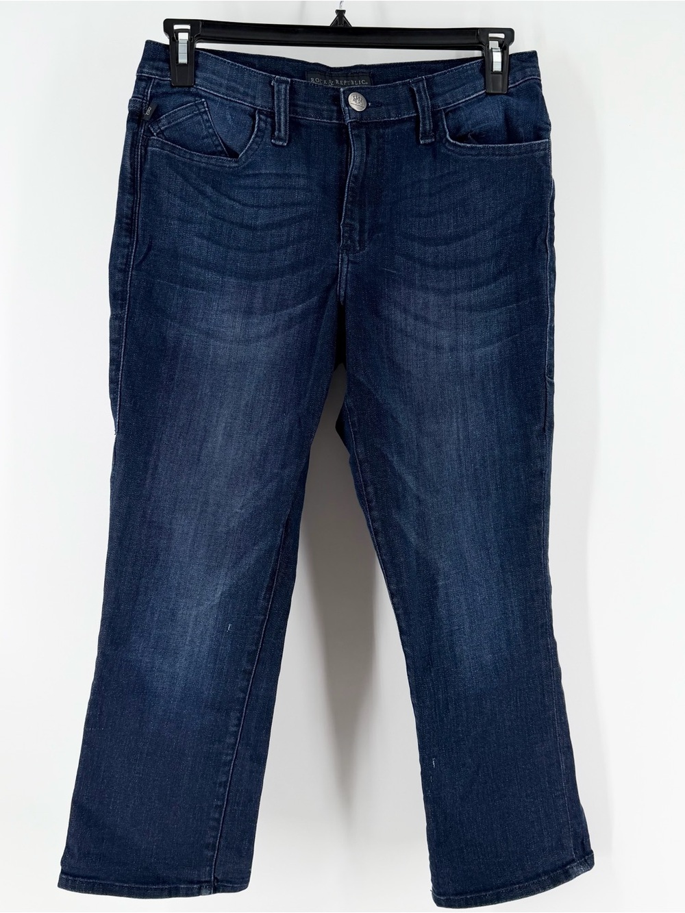 Rock & Republic Kendall Jeans Size 12 Dark Wash Studded Flap Pocket Crop Capri
